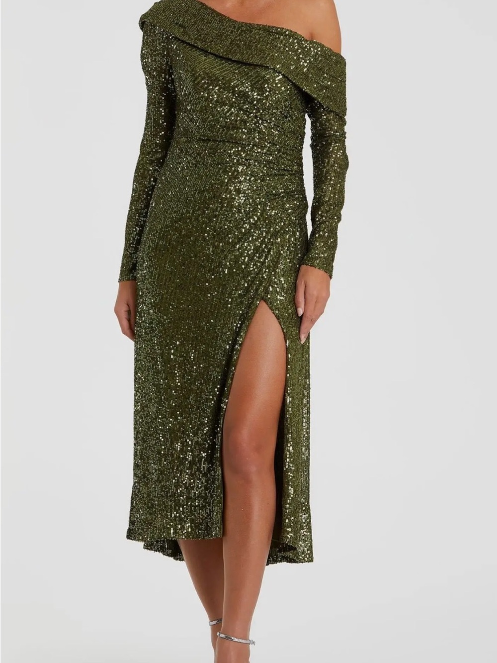 Mac Duggal Olive Sequin One-Shoulder Midi Dress with Side Slit
